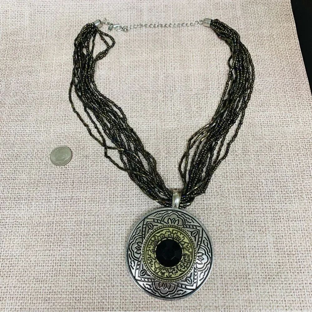 Premier Designs Gold‎ Silver Etched Medallion Multi Strand Beaded Necklace
